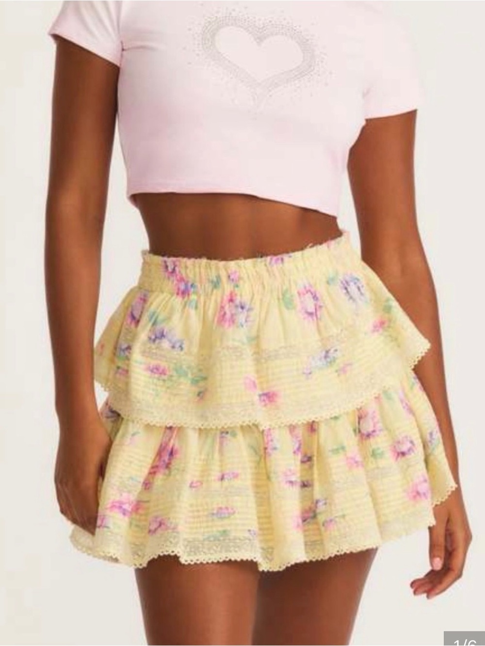 LoveShackFancy Yellow Floral Tiered Mini Skirt with Pastel Accents